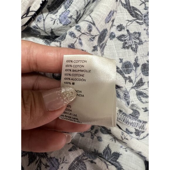 BY ANTHROPOLOGIE Blue V-Neck Floral Cream Cotton Ruffle Sleeve Size M - Picture 6 of 6